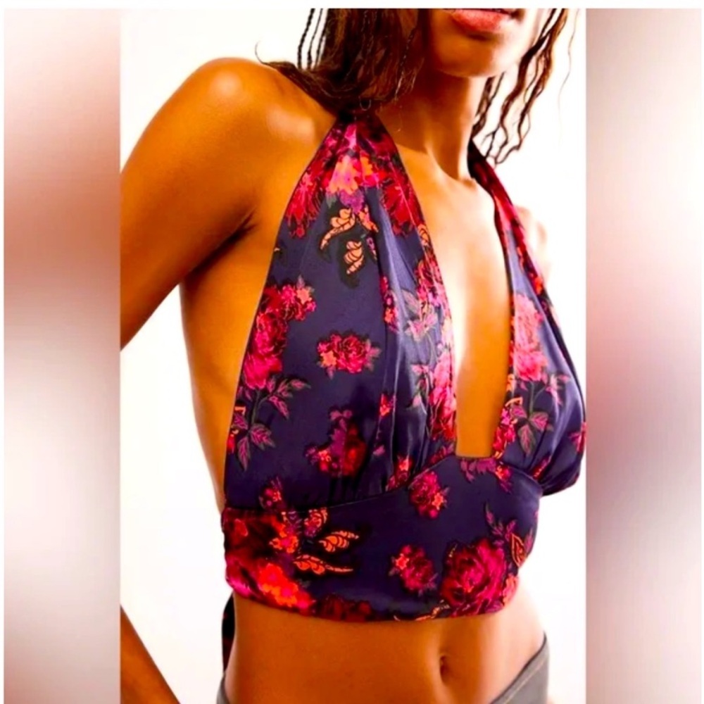 Free People NWOT Summer In Sicily halter Top navy blue red new no tags  size XS